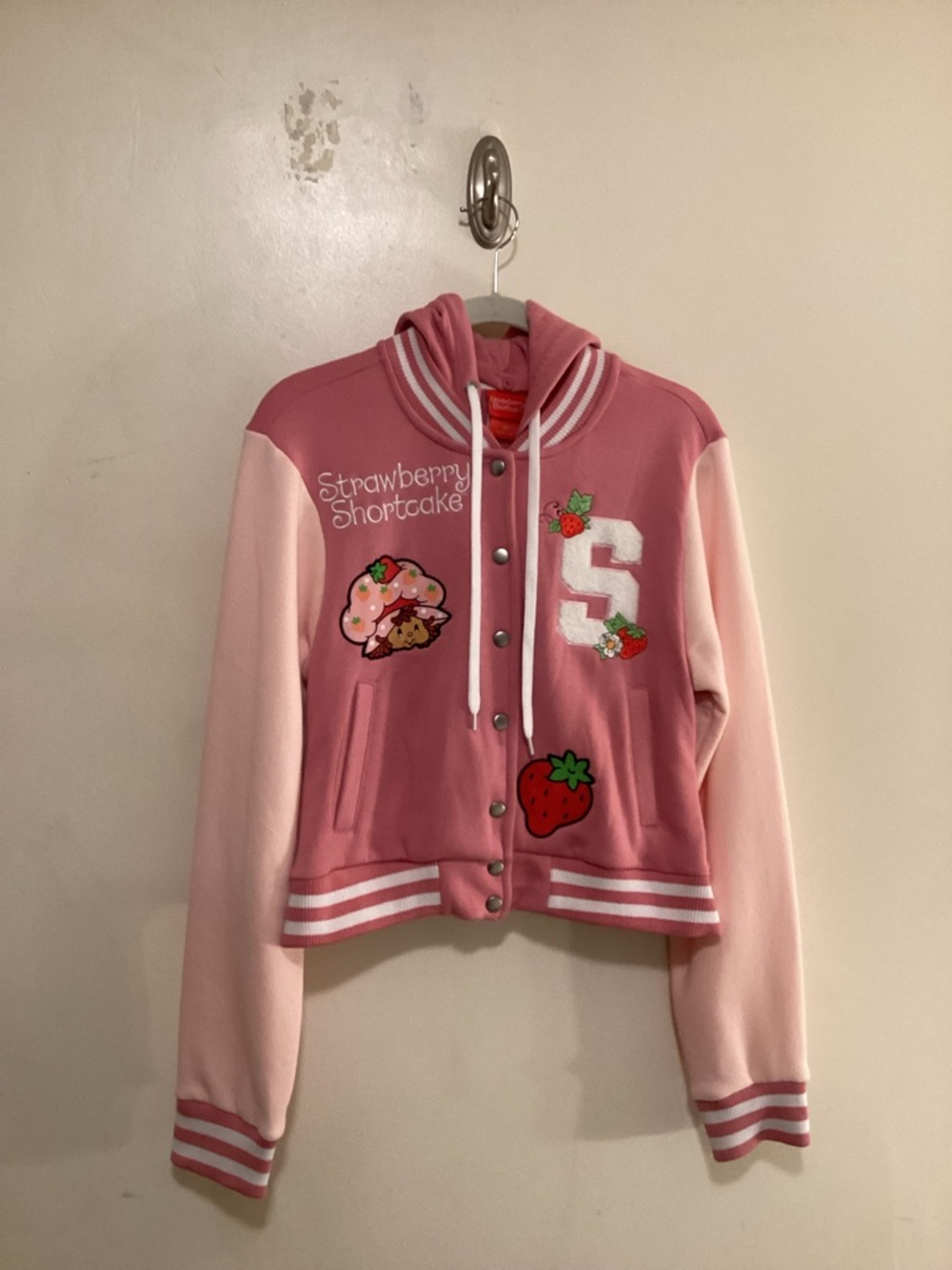 Strawberry Shortcake Pink Hooded Girls' Varsity Jacket - Picture 4 of 14
